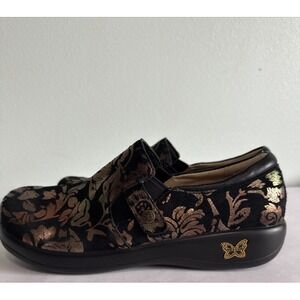 Alegria by PG Lite Shoe KAR-557X  Floral Clog Black Leather Womens 10.5 (41) NEW